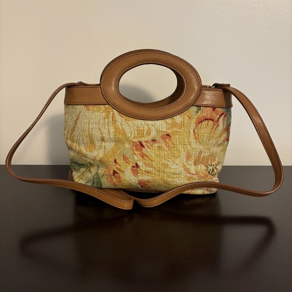 Fossil Floral Woven Fabric Brown Leather Mini Bag Crossbody